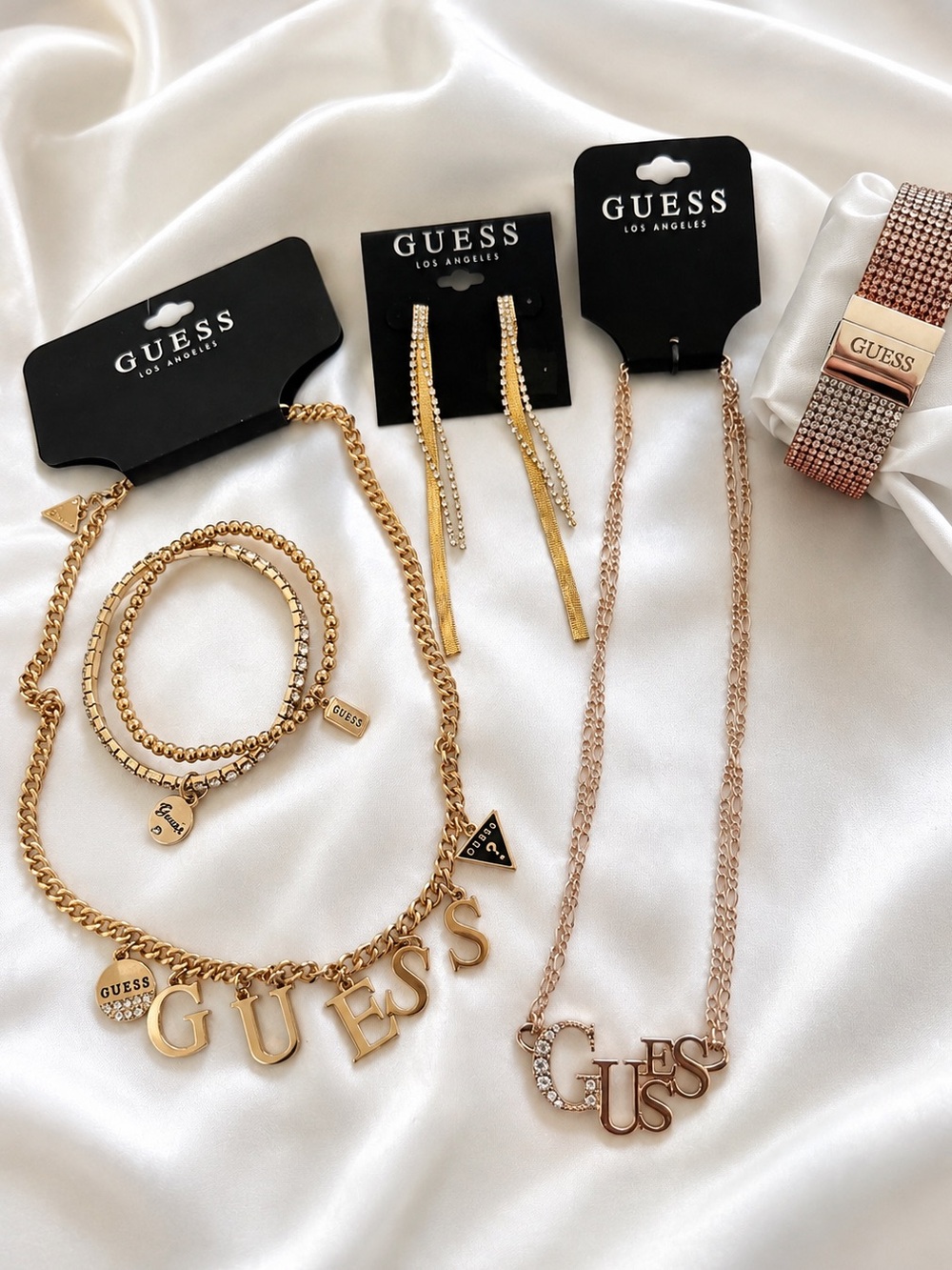 GUESS Jewelry Lot 6 Pieces Necklaces Bracelets Earrings Rhinestone-new